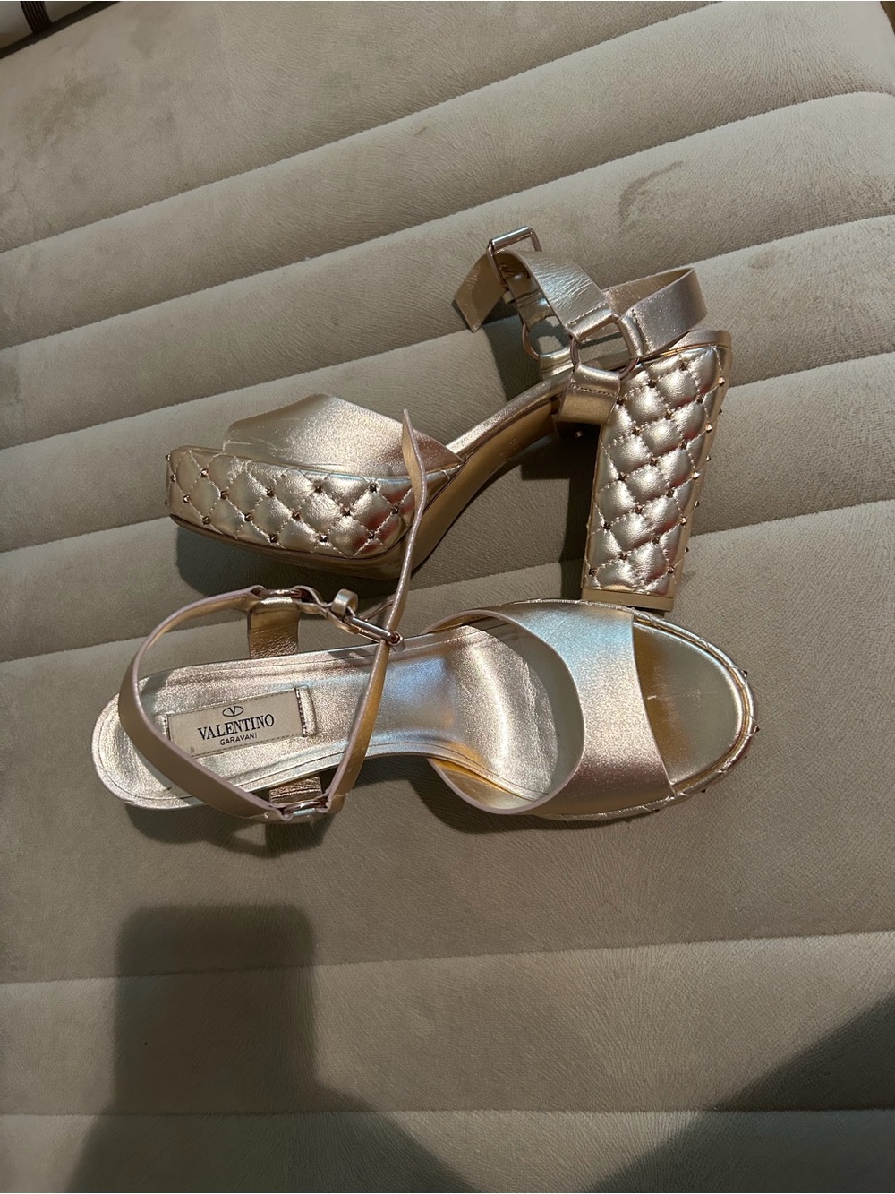 Valentino Rose Gold Quilted Platform Block Heel Sandals
